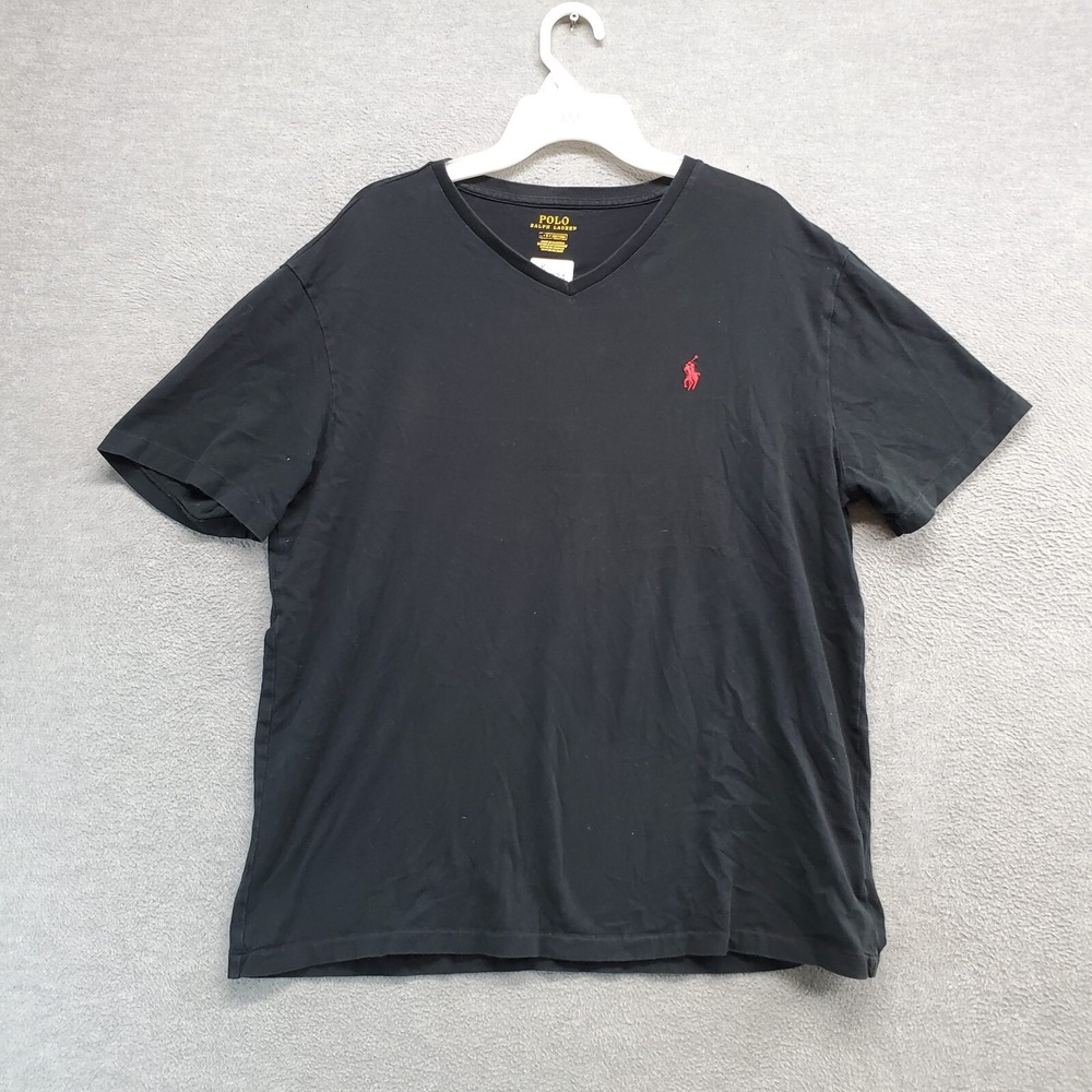 Polo Ralph Lauren Men T-Shirt Large Black Logo Red Pony Embroidered V Neck